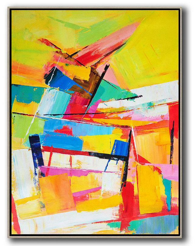 Abstract Art Decor Large Canvas Painting,Vertical Palette Knife Contemporary Art,Acrylic Painting On Canvas,Yellow,Red,Blue,White.etc